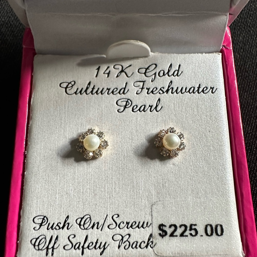 14k Gold Freshwater Pearl and Swarovski Zirconia Earrings